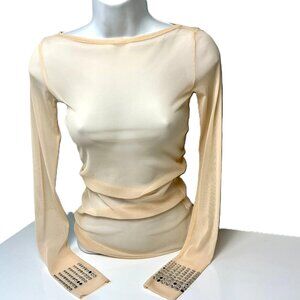 Pinko Sheer Mesh Long Sleeve Top Nude Rhinestone Cuff Stretch Size S Italy